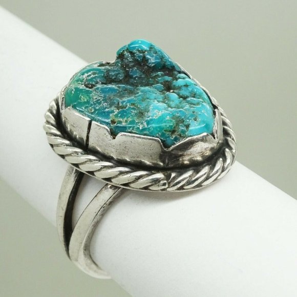 Southwestern Turquoise Nugget Split Shank Ring Sterling Silver Size 6.75 - Picture 2 of 5